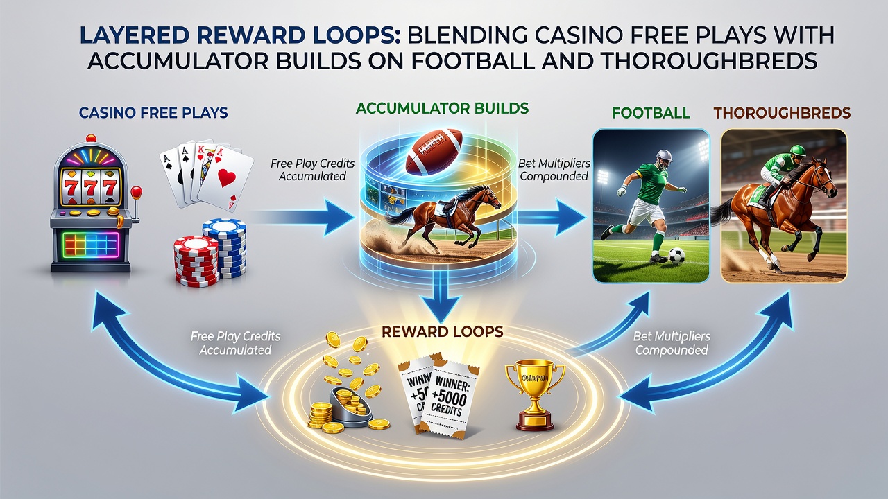 Diagram showing accumulator construction flow between football matches and thoroughbred events using casino credits
