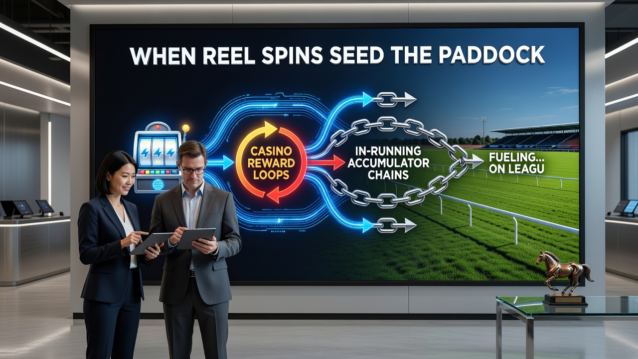 In-running accumulator builder showing football and horse racing legs funded by casino bonuses